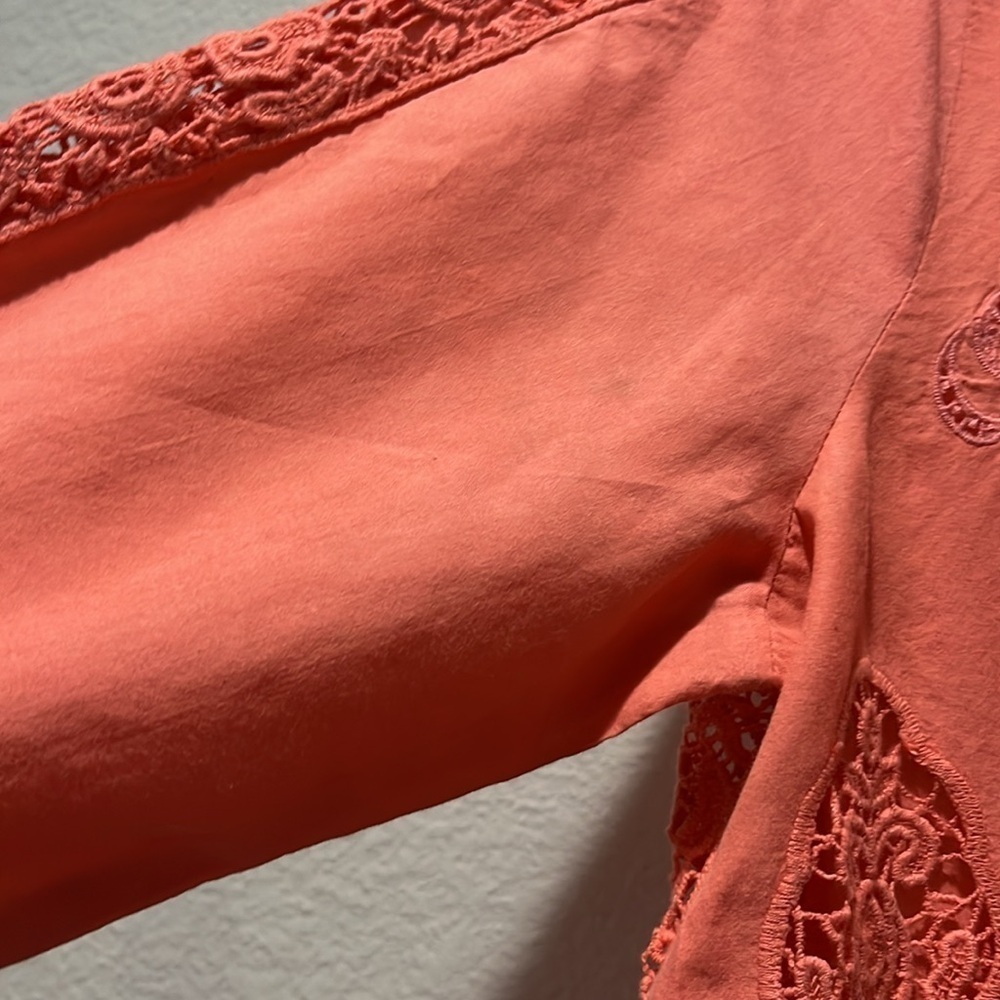 Saint Tropez West Cotton Lace blouse top long sleeve coral pink M Vacay Casual - Picture 11 of 14